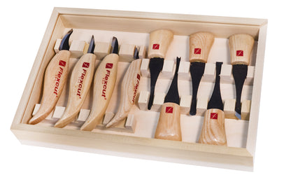 Flexcut Deluxe Palm & Knife Carving Set ~ KN700 - 9-piece set - Palm Tools included: FR305 #3 x 3/8" Gouge, FR306 #6 x 5/16" Gouge, FR307 70 deg. x 1/4" V-Tool, FR308 #2 x 5/16" Skew, FR309 #11 x 1/8" Gouge - Knives included: KN12 Cutting Knife, KN13 Detail Knife, KN18 Pelican Knife, KN27 Mini-Detail Knife  - High Carbon Steel blades - Palm Carving Tool Set - Knife Carving Set ~ Made in USA ~ 651646507004