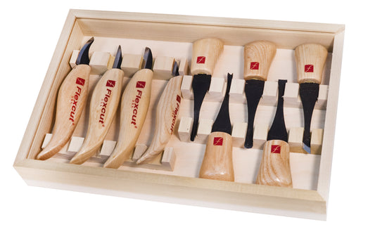 Flexcut Deluxe Palm & Knife Carving Set ~ KN700 - 9-piece set - Palm Tools included: FR305 #3 x 3/8" Gouge, FR306 #6 x 5/16" Gouge, FR307 70 deg. x 1/4" V-Tool, FR308 #2 x 5/16" Skew, FR309 #11 x 1/8" Gouge - Knives included: KN12 Cutting Knife, KN13 Detail Knife, KN18 Pelican Knife, KN27 Mini-Detail Knife  - High Carbon Steel blades - Palm Carving Tool Set - Knife Carving Set ~ Made in USA ~ 651646507004