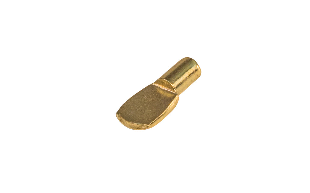 5 mm Shelf Support Pin, Spoon Style - Brass Finish - Model No. 332-BR - A metal Brass 'spoon-style' shelf support pin / peg designed for 5mm holes. Pin length: 5/16". Shelf Rest: 5/16" wide x 7/16" long. Made by KV