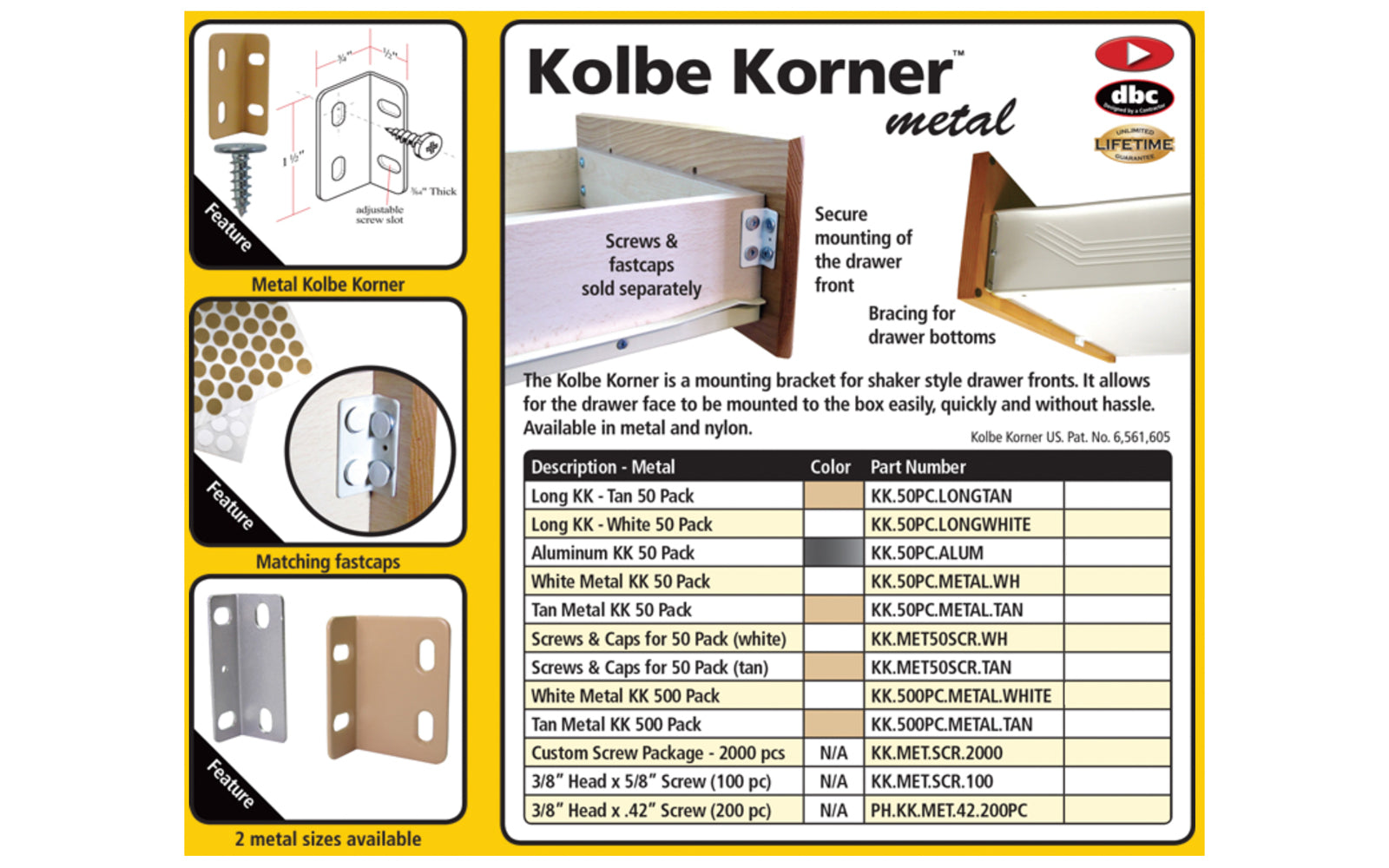 Fastcap Metal Kolbe Korner, White - 50 Pack - Mounting bracket for shaker style drawer fronts. It allows for the drawer face to be mounted to the box easily, quickly & without hassle - Model No. KK.50PC.METAL.WH