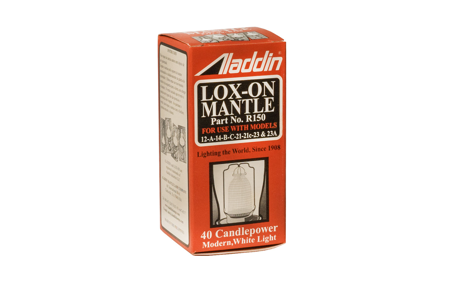 Aladdin Lox-On Mantle ~ R150 This quality 'Lox-On Mantle' fits any Aladdin lamp with a glass base or a metal base with no center air tube. Equal to a 40 W bulb.