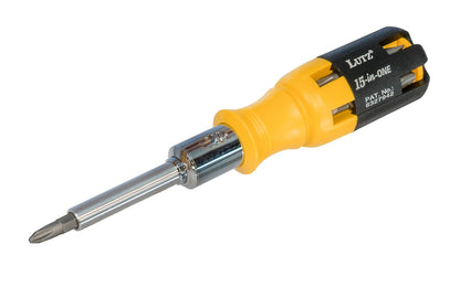 Lutz Tools ~ Lutz 15-in-One Ratchet Screwdriver - 15-in-1 Screwdriver - Ratcheting Screwdriver - Ratcheting - Chamber opens for easy access & storage - Slotted Bits - Square Driver Bits - Phillips Bits - Torx Bits - 8" length - Lutz Yellow Ratcheting Screwdriver - Yellow - 052427210029  - heat treated & tempered bits - 21003