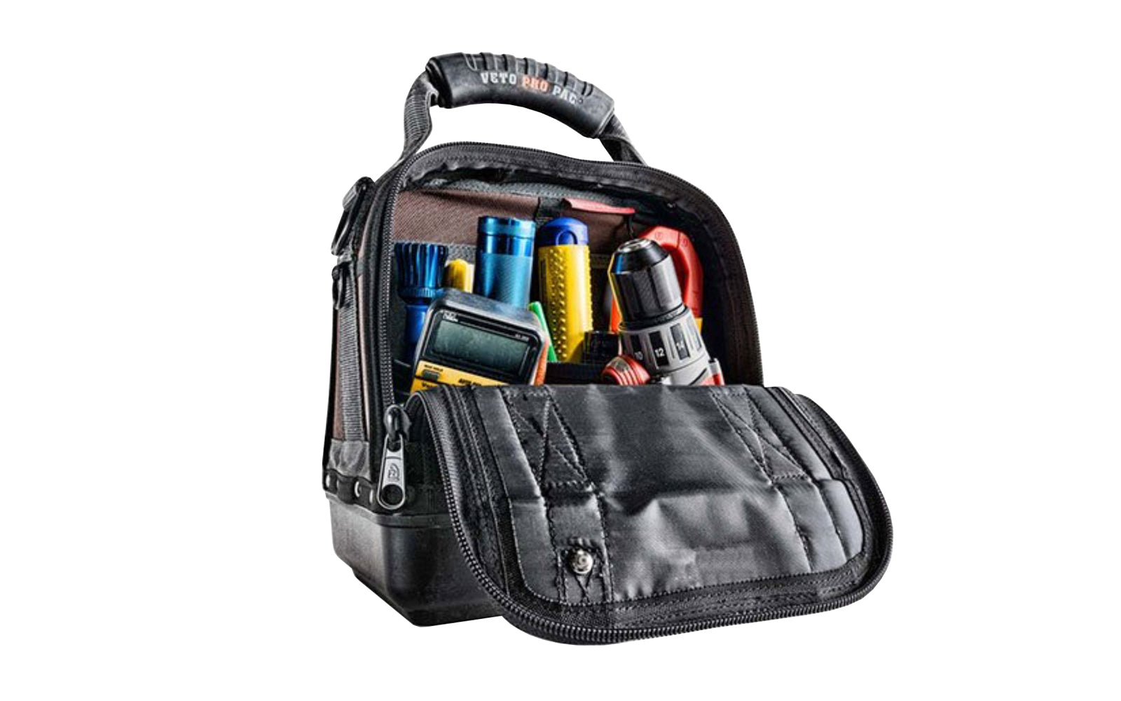 Veto Bags - Veto Pro Pac MC - 20 interior & exterior pockets - Compact storage bag with zipper - Waterproof thick polypropylene base - shoulder strap - 851578000424 - Model MC - tool storage - 10" Long x  8" Wide x  12" High - 3 large pockets for meters & large tools - Model MC - troubleshooting, diagnostics bag - Veto