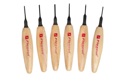 Flexcut 1.5 mm Mixed Profile Micro Tool Carving Set ~ MT910 - Made in USA ~ 6-piece Set ~ Blades are made of High Carbon Spring Steel, Tempered to HRC 59-61. The cutting edges are hand honed & polished ~ Micro Chisels ~ 6-piece set - 6-piece set - Includes Chisel, Skew, Sweep, Deep U-Gouge, 45° V-Tool, & 90° V-Tool - Excellent for miniature & extra fine detail carving work ~ 651646309103