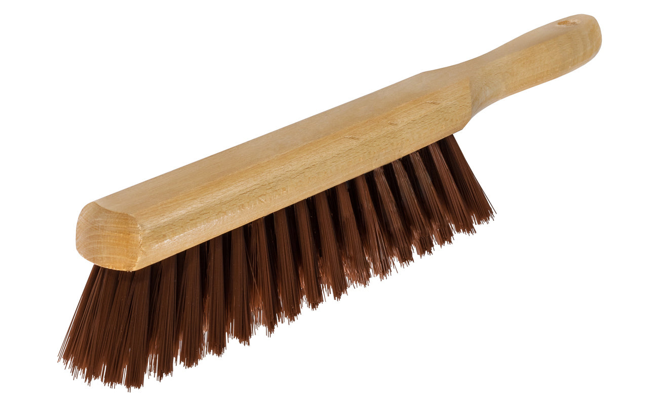 Bench Brush ~ Brown Plastic Bristles - Magnolia Counter Duster Model No. 52 ~ Bristles are staple set in clear lacquered hardwood block ~ Great for use in machine shops. Cleaning metal chips from lathes, milling machines, etc. Made in USA