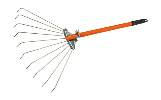 Made in Japan · 10 metal tine expandable head ~ Expands out to 12" wide ~ When fully extended out, rake length is 26" overall ~ great for many landscaping needs