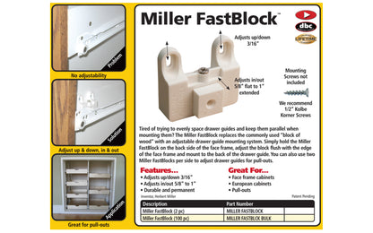 FastCap Miller FastBlock ~ 2-Pack - Adjustable drawer guide mounting system - Adjusts in/out 5/8" to 1" extended