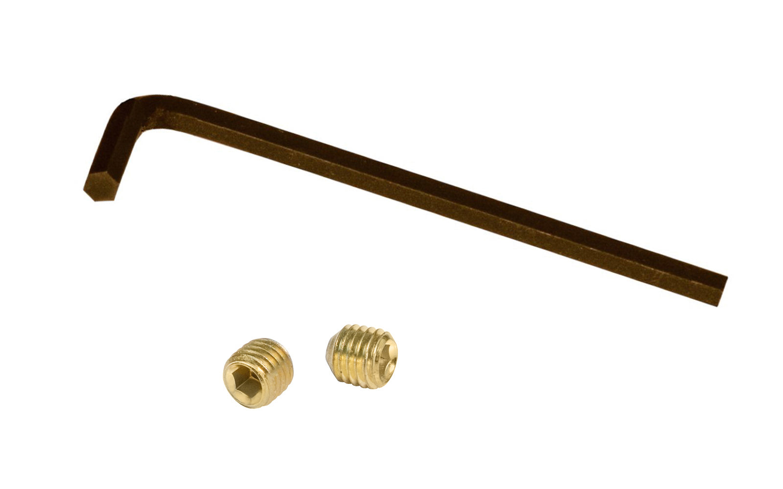 Pair of Set Screws & Hex Key for Doorknobs. The set screws work with traditional-style doorknobs that take threaded spindles. The thread size of the set screw is 32 TPI x 1/4" diameter size, which is a common thread size for holes on old-style doorknobs. Brass finish.
