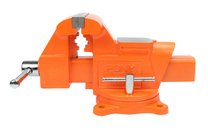 Pony 6" Heavy-Duty Bench Vise with Swivel Base ~ 5" Jaw Opening - Model No. 29060 - Permanent pipe jaws, ground & polished anvil, & forming horn - 120° swivel base with single locking nut - Pony Jorgensen Heavy Duty Vise - Serrated Jaws