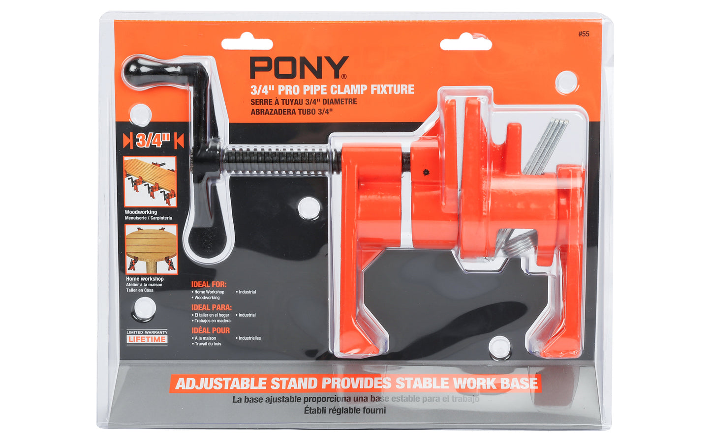 Pony Professional 3/4" Pipe Clamp Fixture ~ No. 55 - Pony / Jorgensen Heavy duty professional model - Adjustable stand provides stable work base - Large Clamping Face -1-3/4" - Crank Handle - Industrial pipe clamp - #55