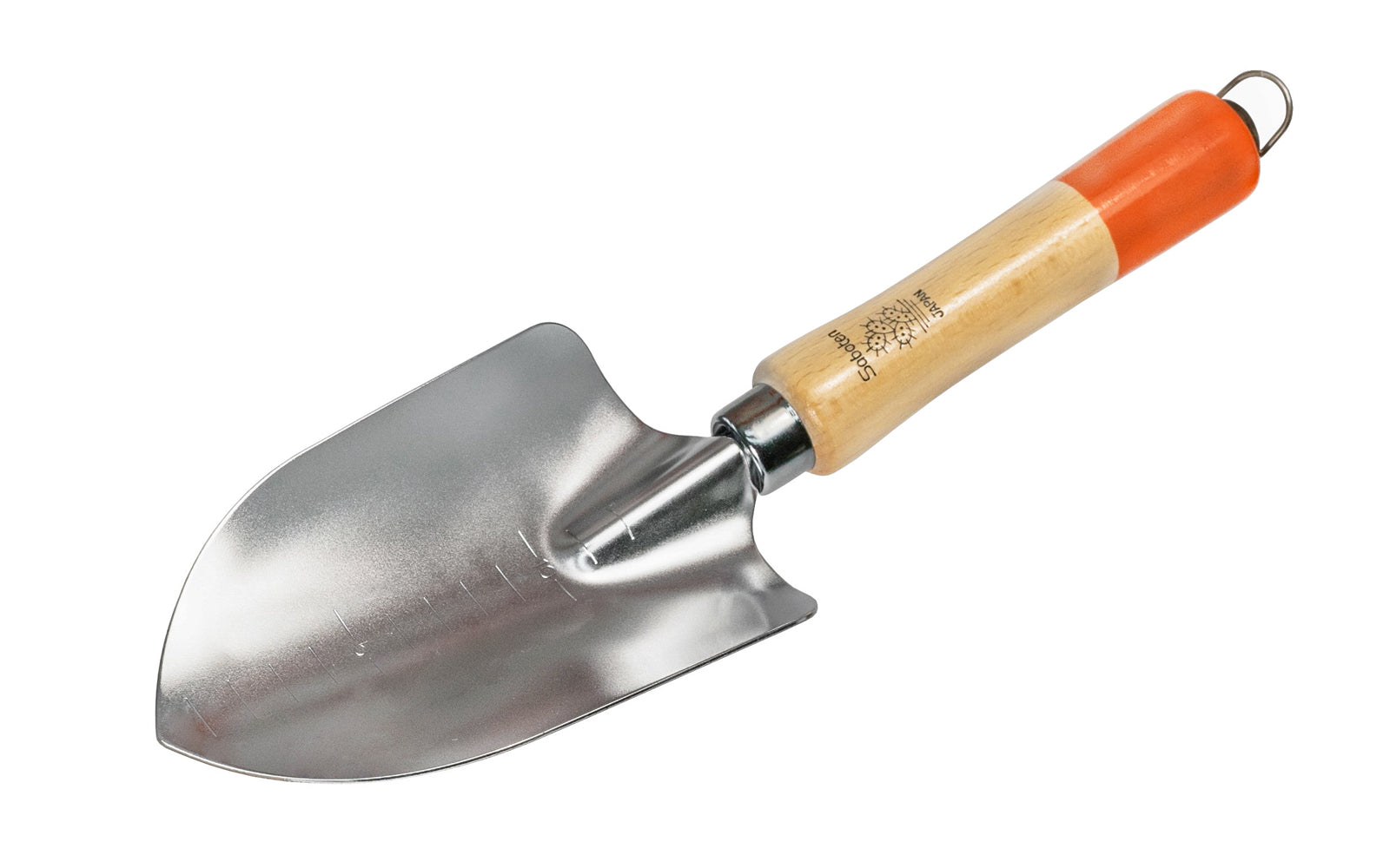 Japanese Saboten Transplanting Garden Trowel ~ Model 510A ~ Made in Japan · Model 510A ~ Made of carbon steel material ~ Three layer plated finish for rust resistance ~ Bulb plating scale on blade ~ Lacquered hardwood handle ~ Patented re-inforced joint part between blade & handle for toughness - shovel - trowel - spade
