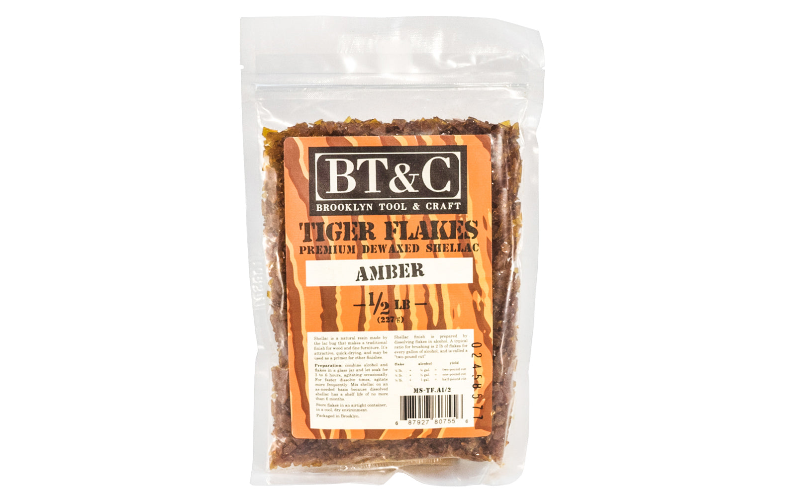 Tiger Shellac Dewaxed Amber Shellac Tiger Flakes - 1/2 lb Bag