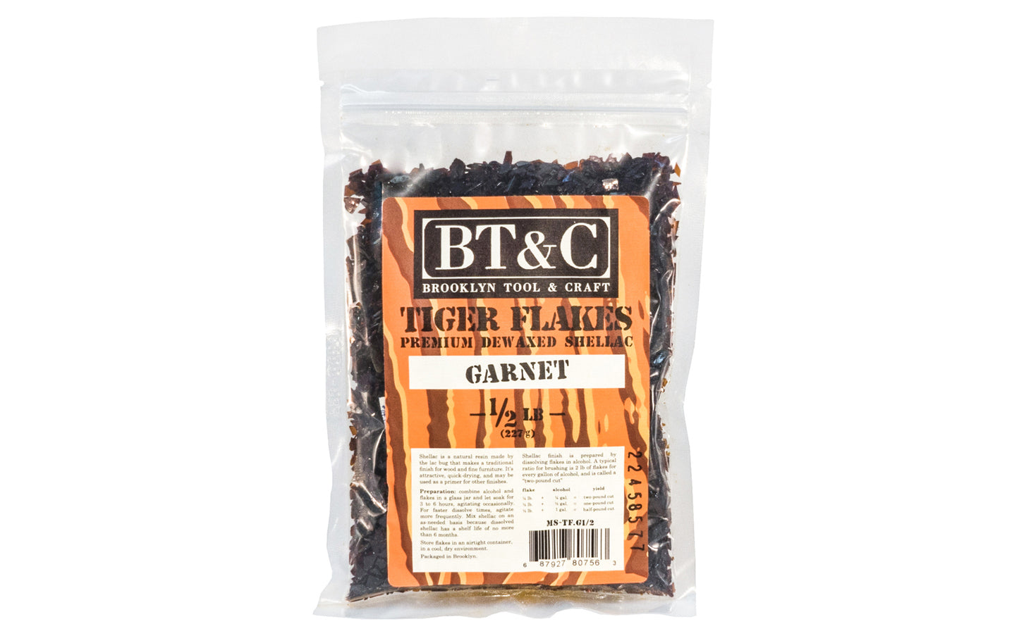 Dewaxed Garnet Shellac Tiger Flakes - 1/2 lb Bag  - Refined in Germany - Great for French Polishing - Makes a beautiful finish for wood, cork, plaster, & metal - Garnet Flakes