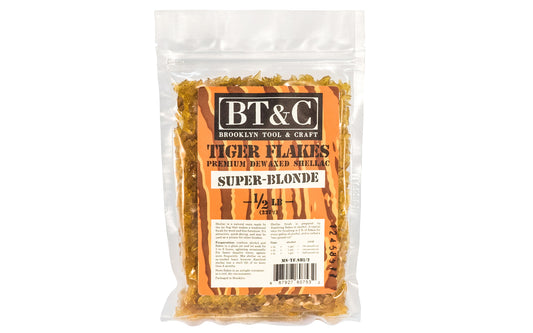 Dewaxed Super Blonde Shellac Tiger Flakes - 1/2 lb Bag - Refined in Germany ~ once dissolved in alcohol, will make a beautiful finish for woods, cork, plaster, & metals. They are refined for a clear finish. Great for French Polishing - De-waxed Super Blonde flakes