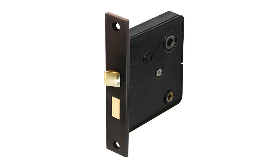 A traditional & authentic old-style interior mortise lock set with a thumbturn recess hole for the deadbolt operation & locking of doors. Available in unlacquered brass, oil rubbed bronze, & polished nickel. Old-style privacy mortise lock set. Thumb turn lockset. 2-1/2" backset. Oil Rubbed Bronze Finish