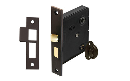Traditional & classic interior mortise lock set with thumbturn for deadbolt operation & locking of doors. Replica of common older style mortise locks. 2-1/2" backset. Solid brass material & thick steel case. Old-style privacy thumb turn mortise lock. Oil Rubbed Bronze Finish