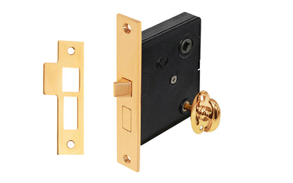 Traditional & classic interior mortise lock set with thumbturn for deadbolt operation & locking of doors. Replica of common older style mortise locks. 2-1/2" backset. Solid brass material & thick steel case. Old-style privacy thumb turn mortise lock. Unlacquered Brass (will patina over time). Un-lacquered brass. Non-lacquered brass.