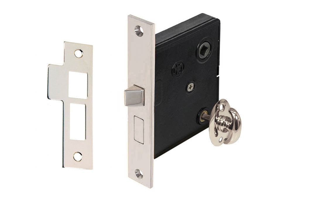 Traditional & classic interior mortise lock set with thumbturn for deadbolt operation & locking of doors. Replica of common older style mortise locks. 2-1/2" backset. Solid brass material & thick steel case. Old-style privacy thumb turn mortise lock. Polished Nickel Finish