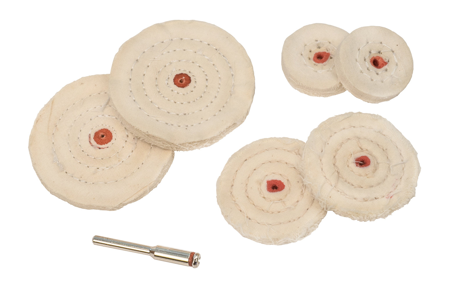 The Mini Buffing Wheel Kit With Mandrel ~ 6 Cushion Sewn Buffs cleans & polishes antiques, jewelry, ornamental hardware. Ideal for detailing & tight spaces. ~ Dico Polishing Company 527-72 ~ Made in USA ~ 082123527725