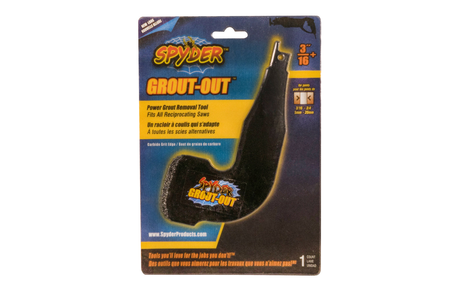 This Spyder "Grout Out" blade is a power grout removal tool for reciprocating saws. Carbide grit edge, 3/16" Thick. Designed for 3/16" to 3/4" joints. 884835000578