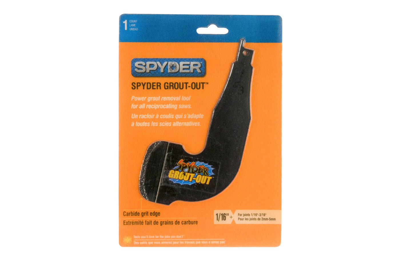 This Spyder "Grout Out" blade is a power grout removal tool for reciprocating saws. Carbide grit edge, 1/16" Thick. Designed for 1/16" to 3/16" joints. 884835000561