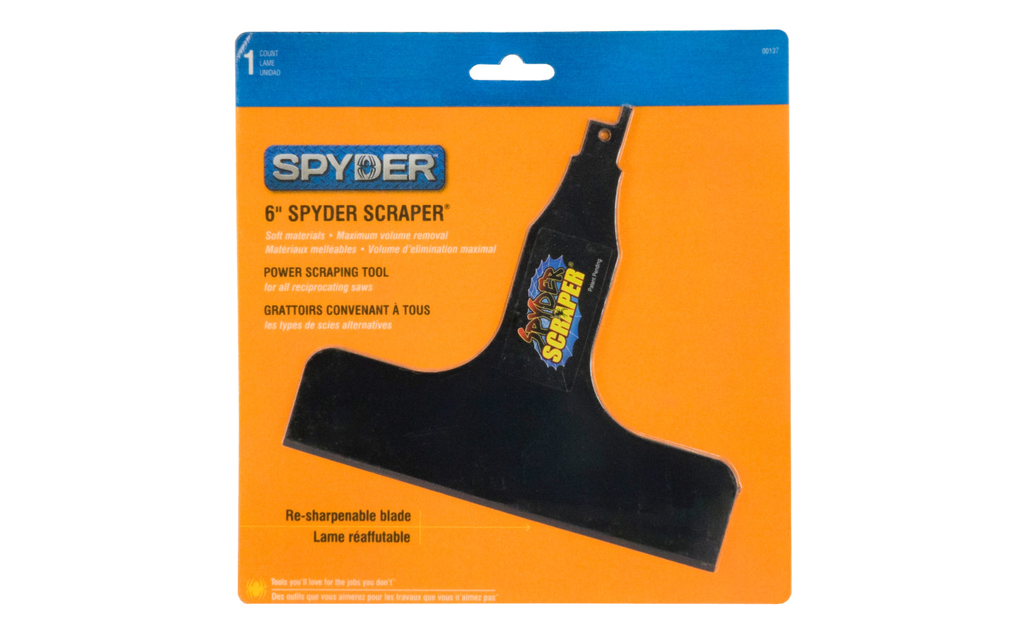 This 6" Spyder Scraper is a power scraping tool for reciprocating saws. Designed for soft materials. Model 0000137. 6" long blade. 884835000059
