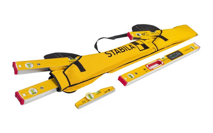Stabila Level Case Holds 78", 48", 36",  32", 24", 16" & Torpedo Levels ~ Model No. 30015 ~ Made of Nylon material ~ These Stabila padded nylon carrying cases have heavy duty zippered enclosures, padded handles & shoulder straps. Lined interior pockets. Velcro flaps on multi-pocket levels