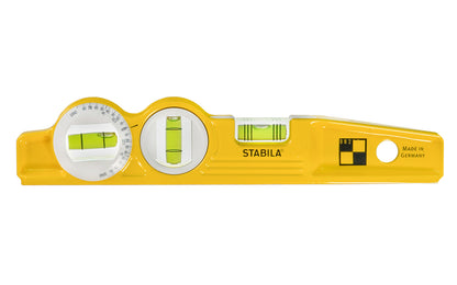 Stabila 10" (25 cm) Magnetic Torpedo Level With Protractor Vial ~ Type 81SMW360 Die Cast - Model No. 25360 - Compact, tough, die-cast aluminum profile torpedo level with a level vial with 1% and 2% slope indication rings, a vertical/plumb vial and an adjustable 360° vial