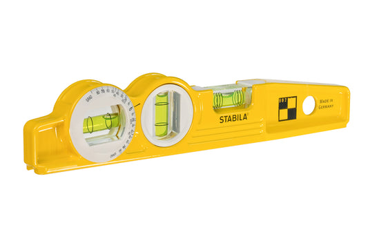 Stabila 10" (25 cm) Magnetic Torpedo Level With Protractor Vial ~ Type 81SMW360 Die Cast - Model No. 25360 - Compact, tough, die-cast aluminum profile torpedo level with a level vial with 1% and 2% slope indication rings, a vertical/plumb vial and an adjustable 360° vial