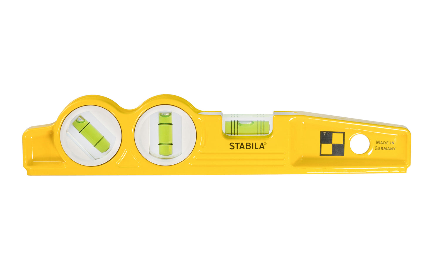 Stabila 10" (25 cm) Magnetic Torpedo Level With Three Vials ~ Type 81SMW45 Die Cast - Model No. 25245 - Compact, tough, die-cast aluminum profile torpedo level with a level vial with 1% & 2% slope indication rings, a vertical/plumb vial & an additional dedicated 45° vial for checking angle