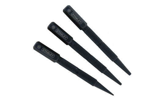 Model 58-230 ~ Three-piece nail set made by Stanley Tools, designed for setting unhardened nails below surface of wood. Sizes included are 1/32", 1/16", & 3/32". They are fully hardened & precision-milled steel for long life, & have long beveled tips for easy nail head alignment. 1/32", 2/32", 3/32" sizes. 076174582307