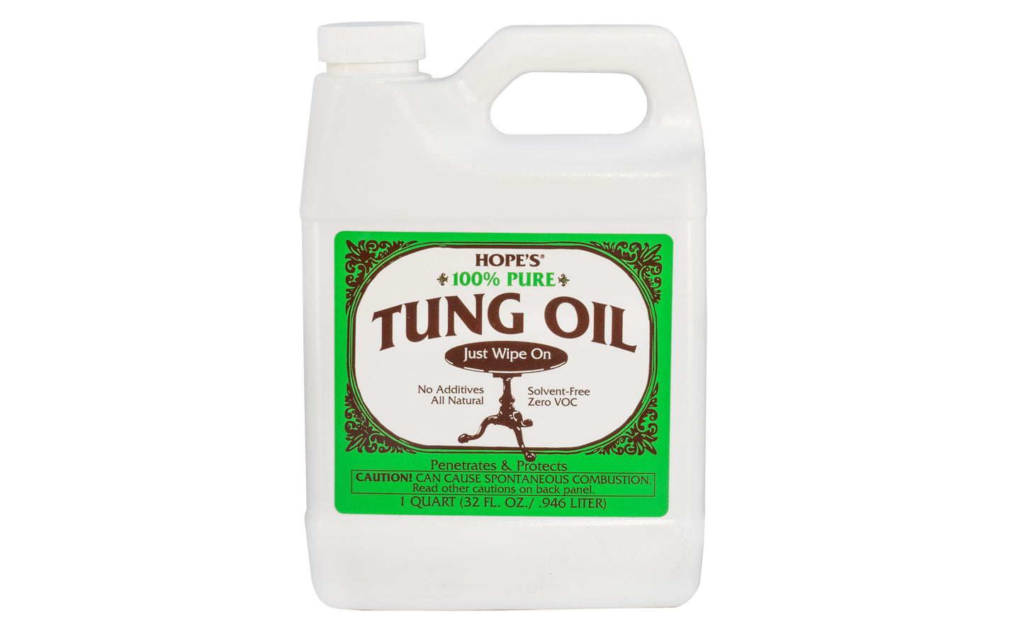 Hope's 100% Pure Tung Oil ~ 32 fl oz - 1 Quart - Zero VOC ~ Protects & beautifies all types of woods ~ No additives - All natural ~ Produces a classic 'hand rubbed' finish on fine wood surfaces