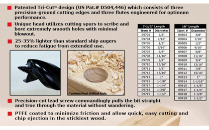 Wood Owl Tri-Cut Ultra Smooth Auger Bit ~ 18" Length - Made in Japan - Tri-Cut design which consists of three precision-ground cutting edges & three flutes engineered for optimum performance - cutting spurs to scribe & bore extremely smooth holes