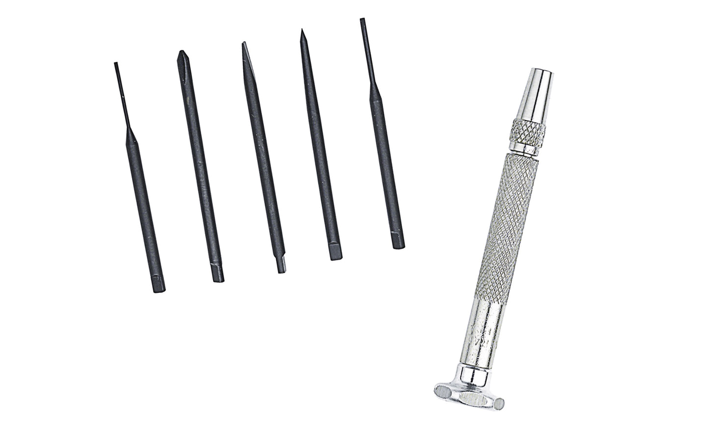 5-Blade Jeweler's Screwdriver / Awl Set ~ Model No. SPC606 ~ Five-blade Jeweler's Screwdriver/Awl Set is ideal for hobbyists doing close, delicate work. Slotted blade widths: 0.1", 0.07", 0.04", Crosspoint blade size: #0 ~ swivel heads for greater control ~ Blades are made of black oxide-coated, tempered steel ~ General Tools