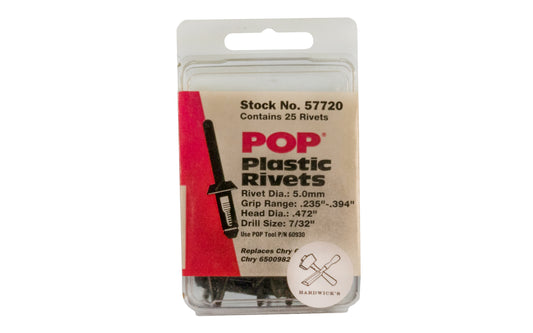 POP Black Plastic Rivets - Rivet Dia. 5.0 mm - 25 PK