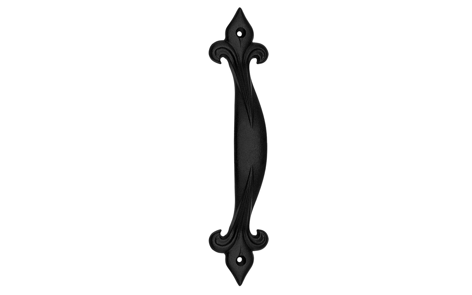 A rustic-looking "Fleur-de-Lis" door pull. Made of strong cast iron material, it has a nice durable & strong feel. This traditional & ornate piece of hardware is great for doors, gates, & large drawers. Powder coated to resist rust. Model 88494 - Floral Ornate Cast Iron Gate Pull - Cast Iron Fleur de Lis Handle Pull