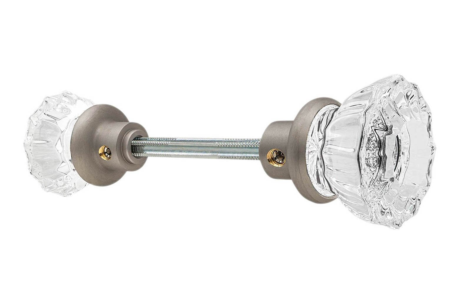 Pair of Classic Fluted Clear Glass Doorknobs with spindle. A high quality & genuine glass doorknob set with an attractive fluted design. The sparkling center point under glass amplifies reflected light to showcase beautiful facets. Solid brass base. Reproduction Glass Door Knobs. Traditional Fluted Glass Knobs. Brushed Nickel Finish.