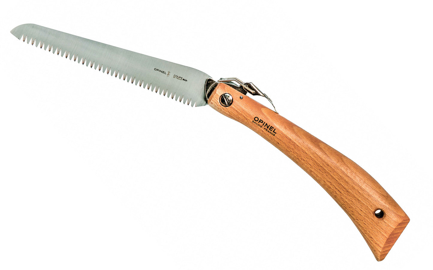 Opinel Garden Saw No. 18 ~  Made in France ~ 7-1/8" long blade ~ Foldable blade with locking clip ~ Made of carbon steel with an anti-corrosive coating ~ Beechwood handle 
