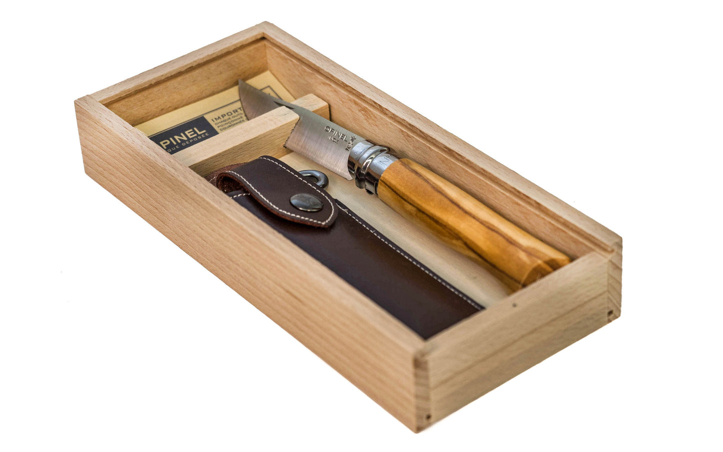 Opinel Stainless Steel Knife Gift Box Set ~ Olive Wood Handle ~Made in France ~ 3-1/4" long foldable blade with locking collar ~ Made of 12c27 Sandvik stainless steel ~ Includes a synthetic leather sheath in gift box set
