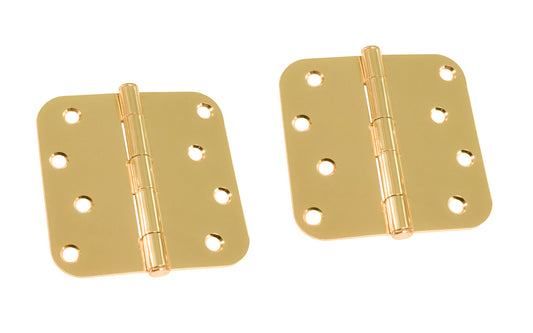A pair of 4" Bright Brass Door Hinges with 5/8" radius corners & a removable pin. Bright Brass finish on steel material. Countersunk holes. Includes flat head screws. 4" x 4" door hinge size. Five knuckle, full mortise design. Ultra Hardware No. 35771.