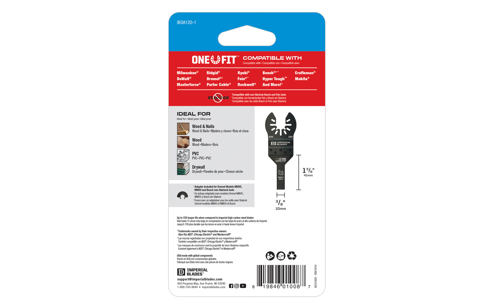 Imperial Blades "One Fit" 3/8" Fine Detail Wood Blade is a Bimetal blade with teeth set for Wood & Nails, Wood, PVC, Drywall. This fine tooth configuration is specifically designed for precise, clean cuts in soft materials. Blade Width: 3/8 (10 mm). Blade Depth: 1-5/8" (41 mm). Fine Detail Wood Blade - BiM blade