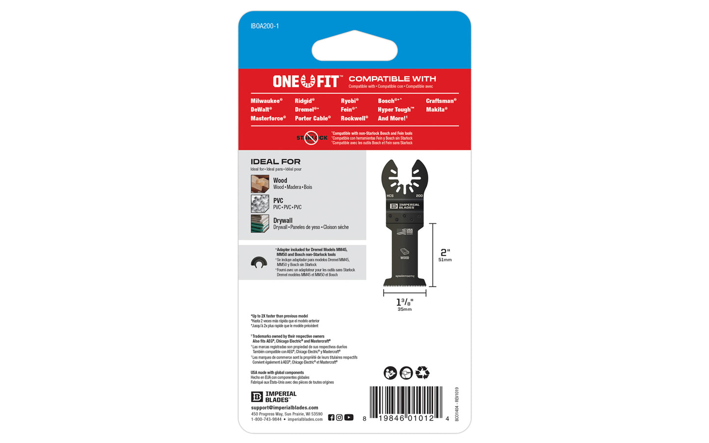 Imperial Blades "One Fit" 1-3/8" Speartooth Fast Cut Wood Blade. Re-engineered coarse tooth design delivers exceptionally fast, aggressive cuts. Recommended applications:  Wood, PVC, Drywall. Model IBOA200. Made in USA. 