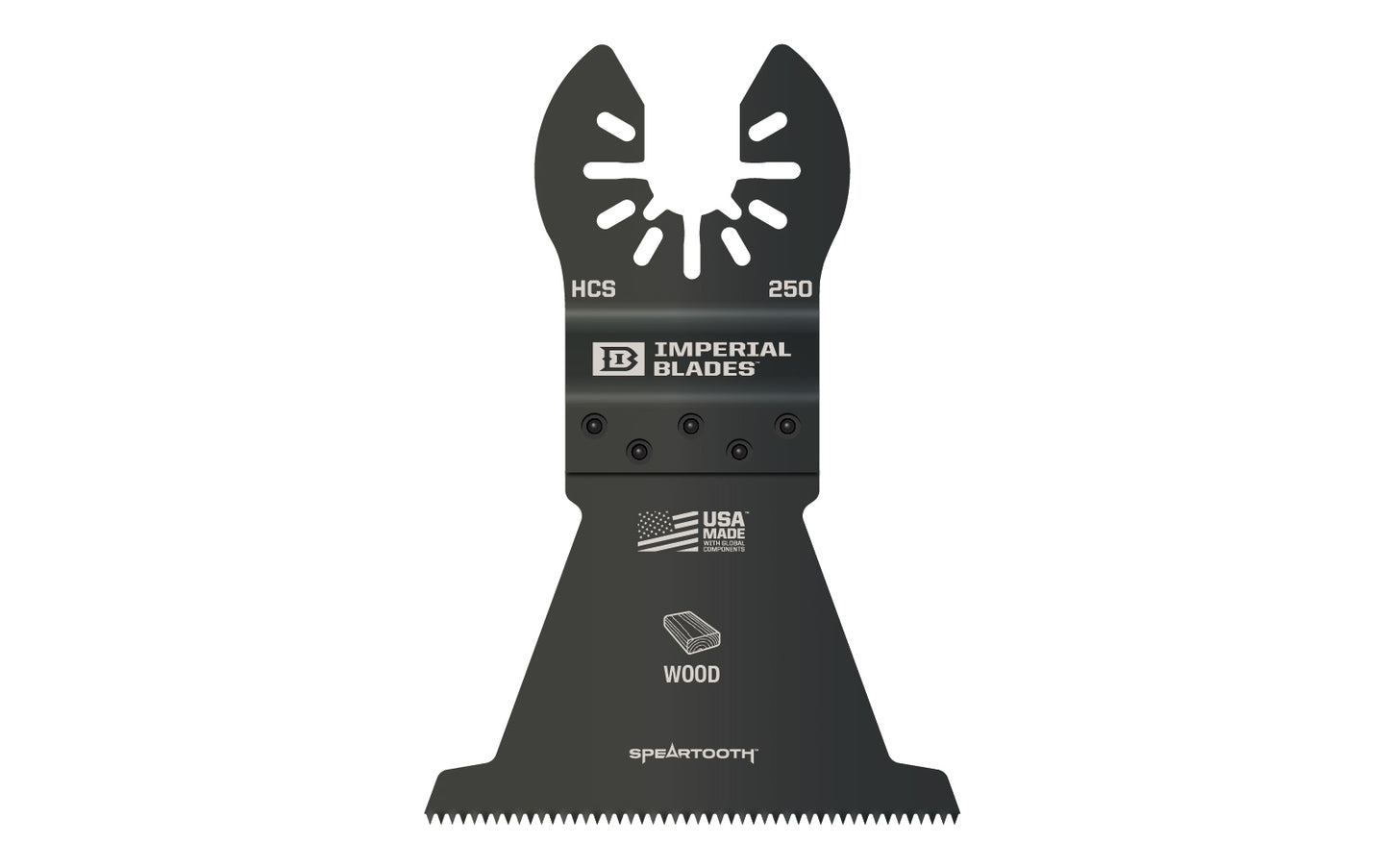 Imperial Blades "One Fit" 2-1/2" Speartooth Fast Cut Wood Blade. Re-engineered coarse tooth design delivers exceptionally fast, aggressive cuts. Extra-wide fan blade ideal for long and straight flush cuts with minimal deflection. Recommended applications:  Wood, PVC, Drywall. Model IBOA250.  Made in USA.