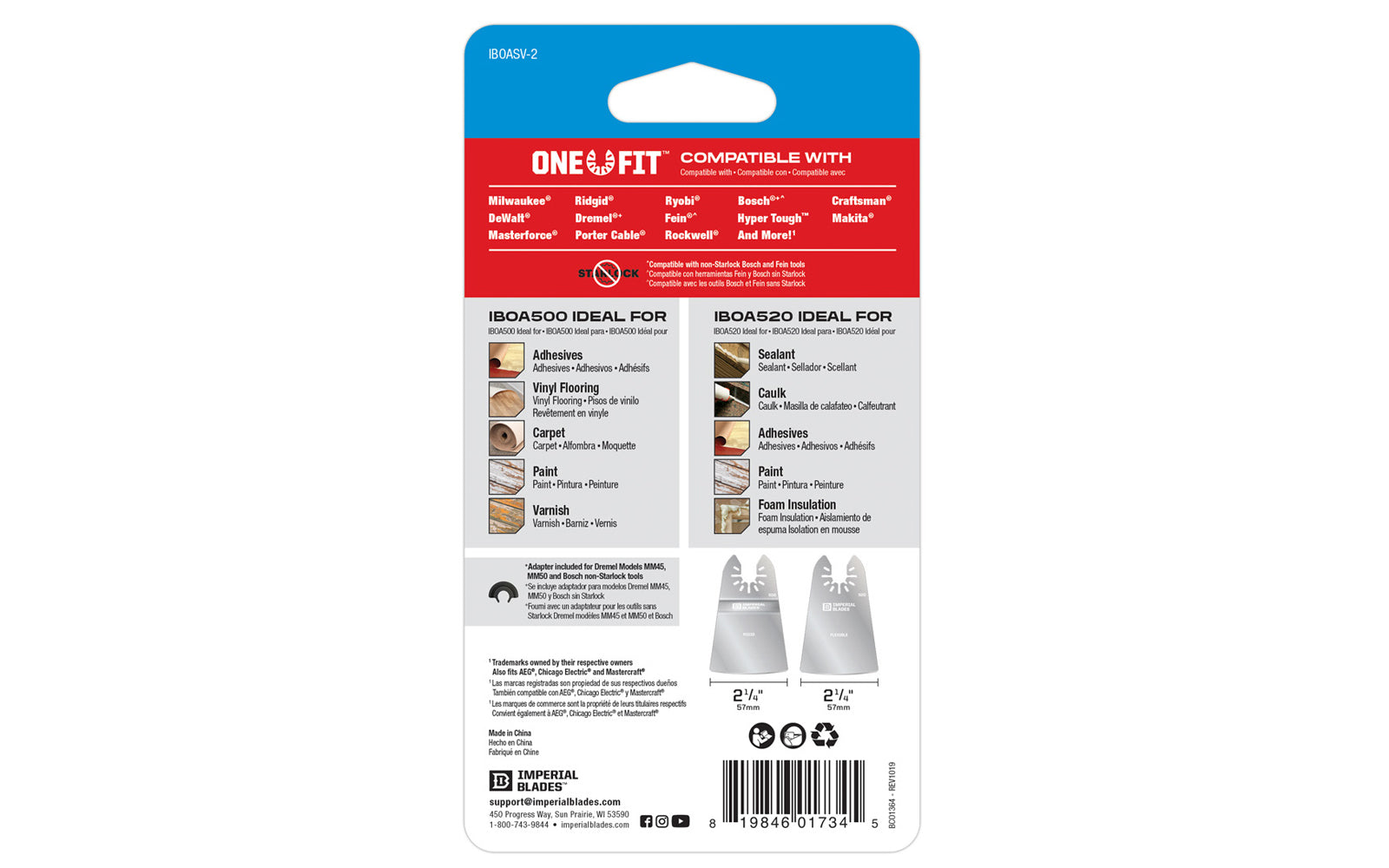 Imperial Blades "One Fit" 2-1/4" Rigid & Flexible Scraper Variety Pack - 2 Pieces in pack. Recommended applications: Adhesives, Vinyl Flooring, Carpet, Caulk, Sealant, Paint, Varnish, Foam Insulation. Model IBOASV-2. 819846017345. Blade Width: 2-1/4" (57 mm). Blade Depth:  2-1/4" (57 mm). Made in USA. 
