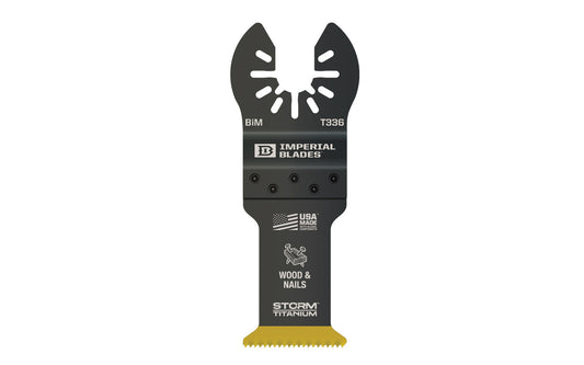 Imperial Blades "One Fit" 1-1/4" Storm Titanium Wood & Nails Blade is a Storm Titanium Enhanced (TiN) coated blade for Wood & Nails, Copper Pipe, Wood, PVC, Drywall. Alternating tooth pattern ideal for fast & smooth cuts in nail-embedded wood & other non-ferrous metals. Model IBOAT336