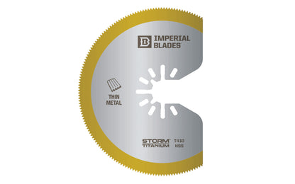Imperial Blades "One Fit" 3-1/8" Storm Titanium Thin Metal Segment Blade is a Storm Titanium Enhanced (TiN) coated blade. Segment blade shape ideal for working in corners & on edges without overcut. Great for thin Metal, Wood, Fiberglass, PVC. Long, straight cuts in sheet or thin metal for ductwork.   Made in USA.   