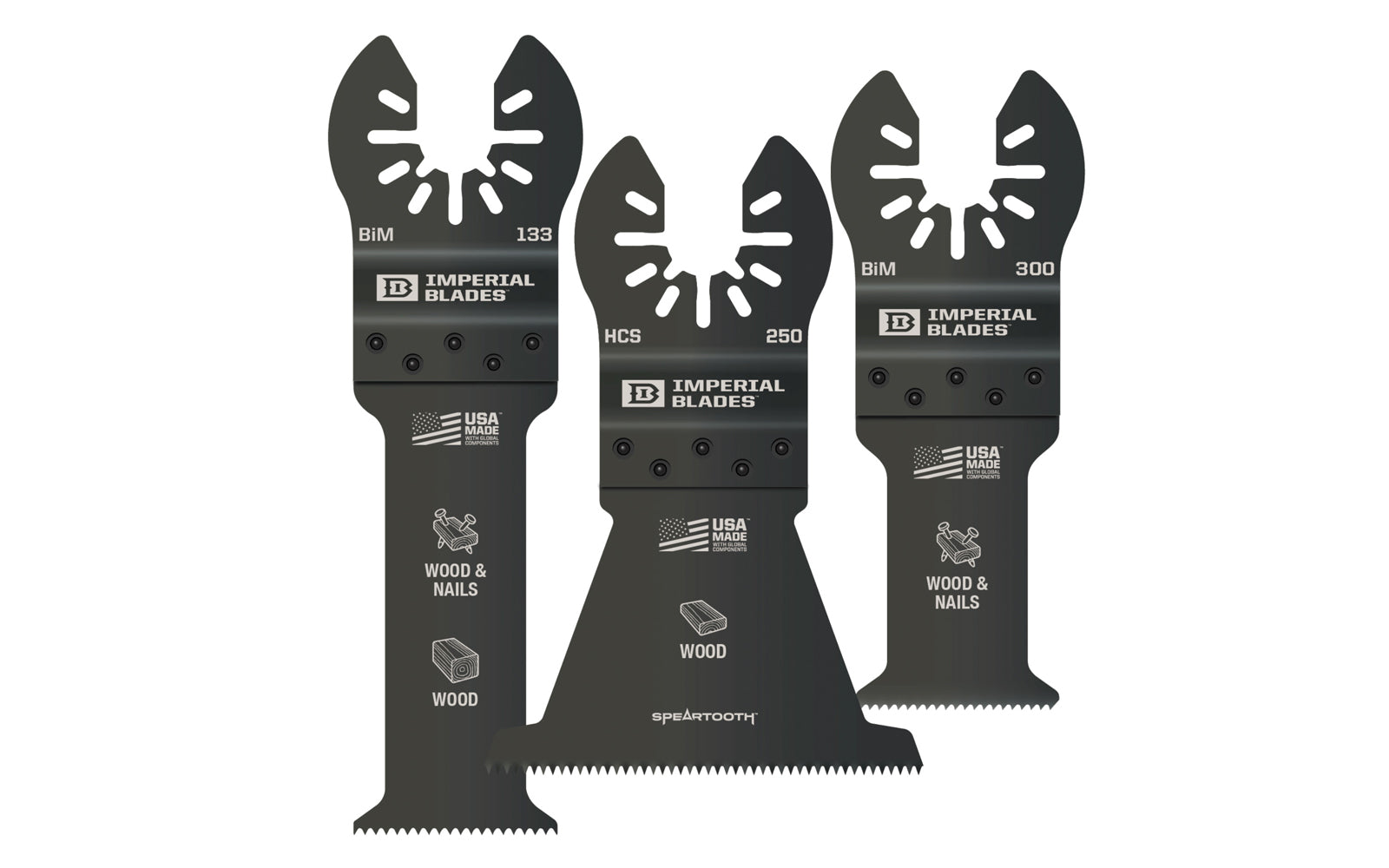 Imperial Blades Standard Wood Variety Pack. Recommended applications: Metal (Non-Ferrous), Wood & Nails, Copper Pipe, Hardwood, Wood, PVC, Drywall. 3 blades in pack.  Made in USA. 819846012401. Model IBOAV1-3
