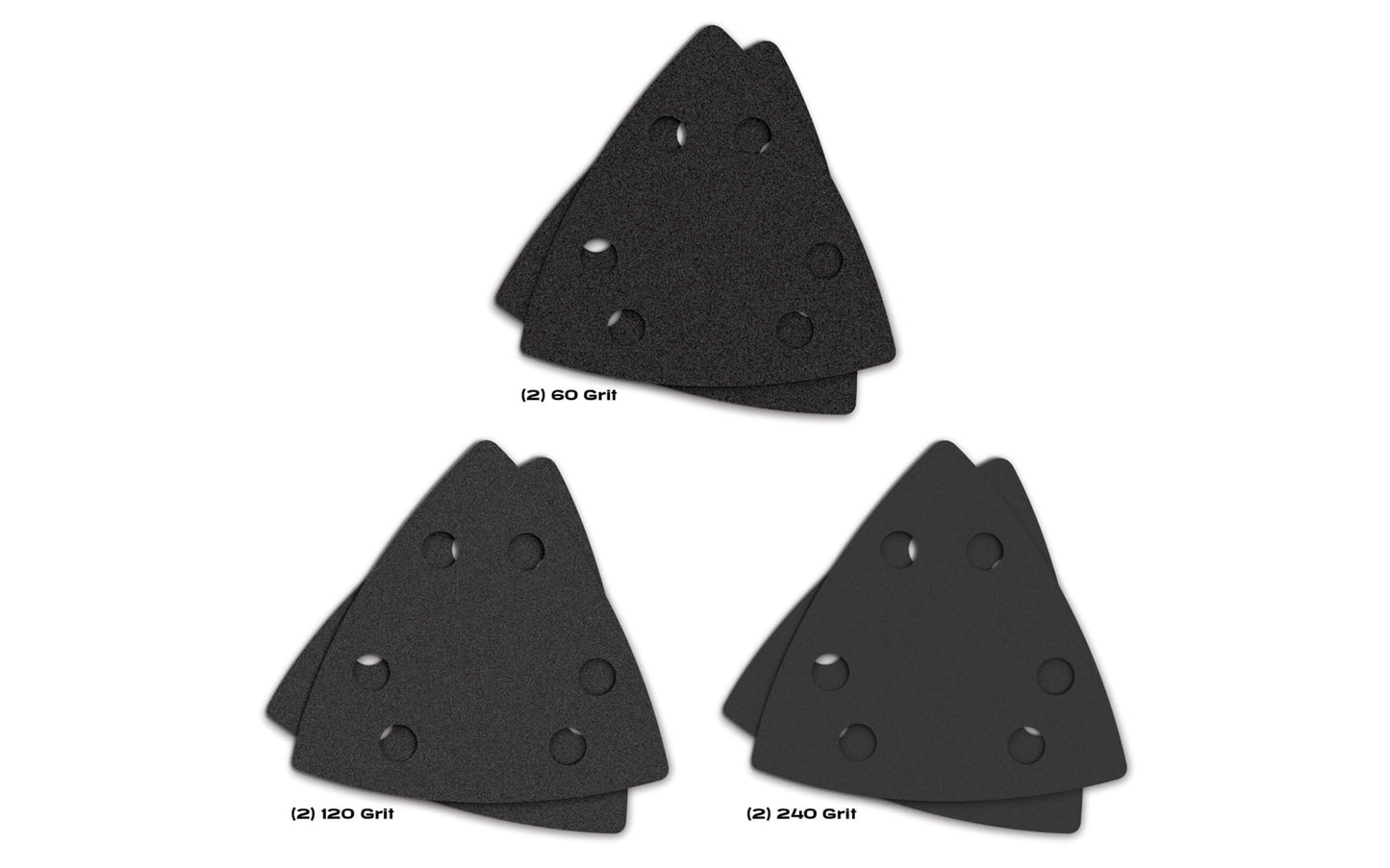Sandpaper variety pack by Imperial Blades includes the three grit options for sanding projects: 60 Coarse Grit, 120 Medium Grit & 240 Fine Grit. Sandpaper includes holes to allow for dust collection. Compatible with 3-1/2″ oscillating multi-tool triangle sanding pad attachments. 819846017970. Model No. IBOTSPHV-6