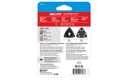 Imperial Blades "One Fit" 3-1/2" Oscillating Triangle Sanding Pad + Sandpaper Variety Pack - 10 PC. Variety pack includes the three most popular grit options for sanding projects: 60 Coarse Grit, 120 Medium Grit, 240 Fine Grit & a "One Fit" sanding pad attachment. 819846017987. Model IBOTSPV-10