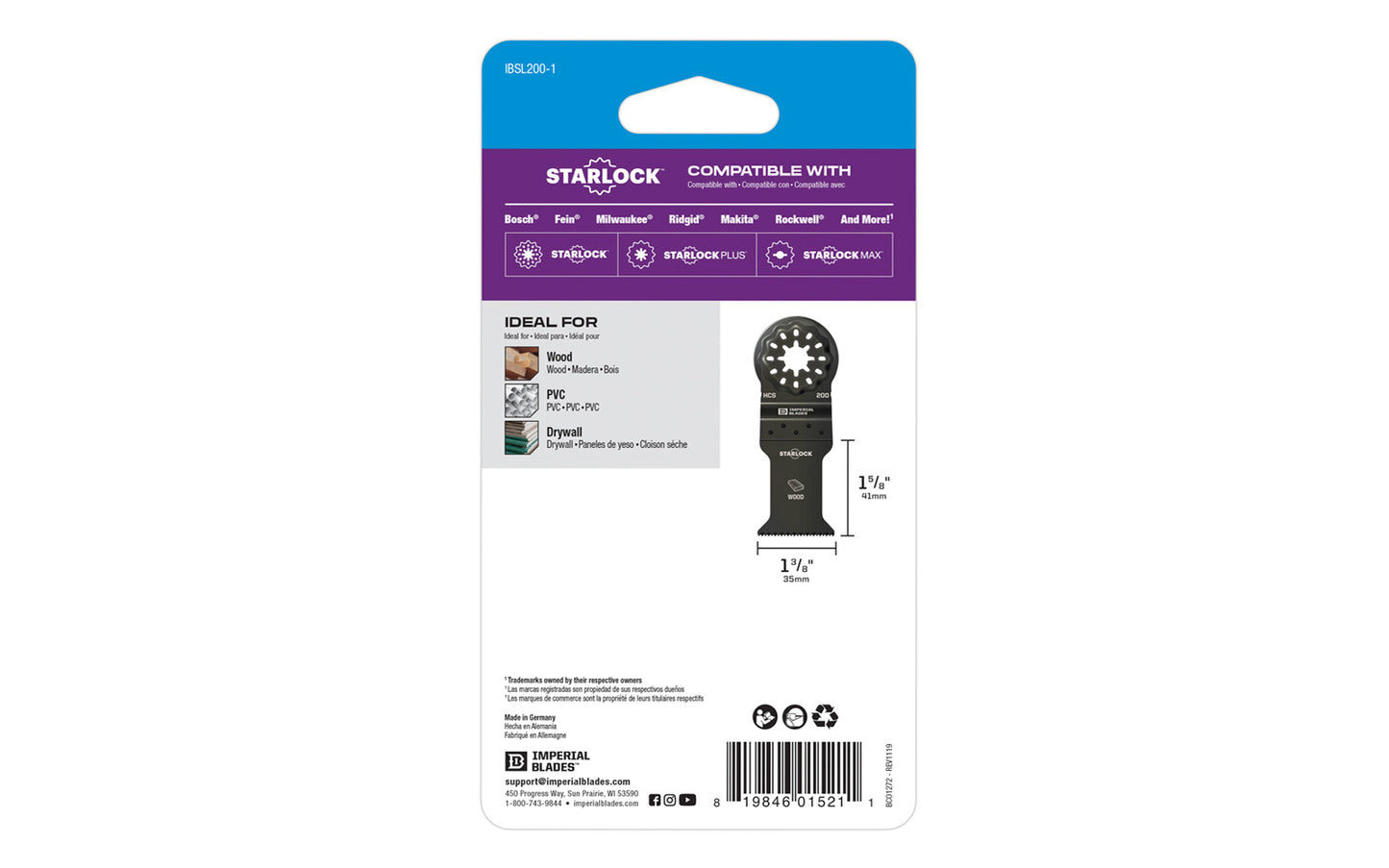 Imperial Blades Starlock 1-3/8" Standard Wood Blade. Recommended applications: Wood, PVC, Drywall. Popular projects: Framing and construction. Blade Width:  1-3/8"  (35 mm). Blade Depth:  1-5/8"  (41 mm).   Made in USA.  